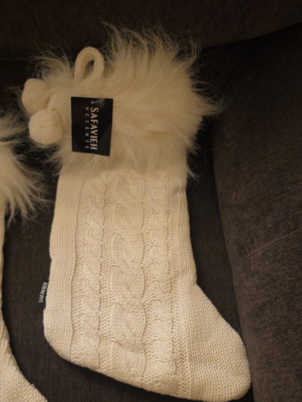 Safavieh Cream Cable Knit Stocking with Faux Fur Trim